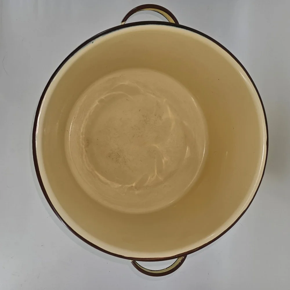 Vintage Enamelware Stock Pot Cream Brown Enamel Large Soup Pot with Lid 10.5in